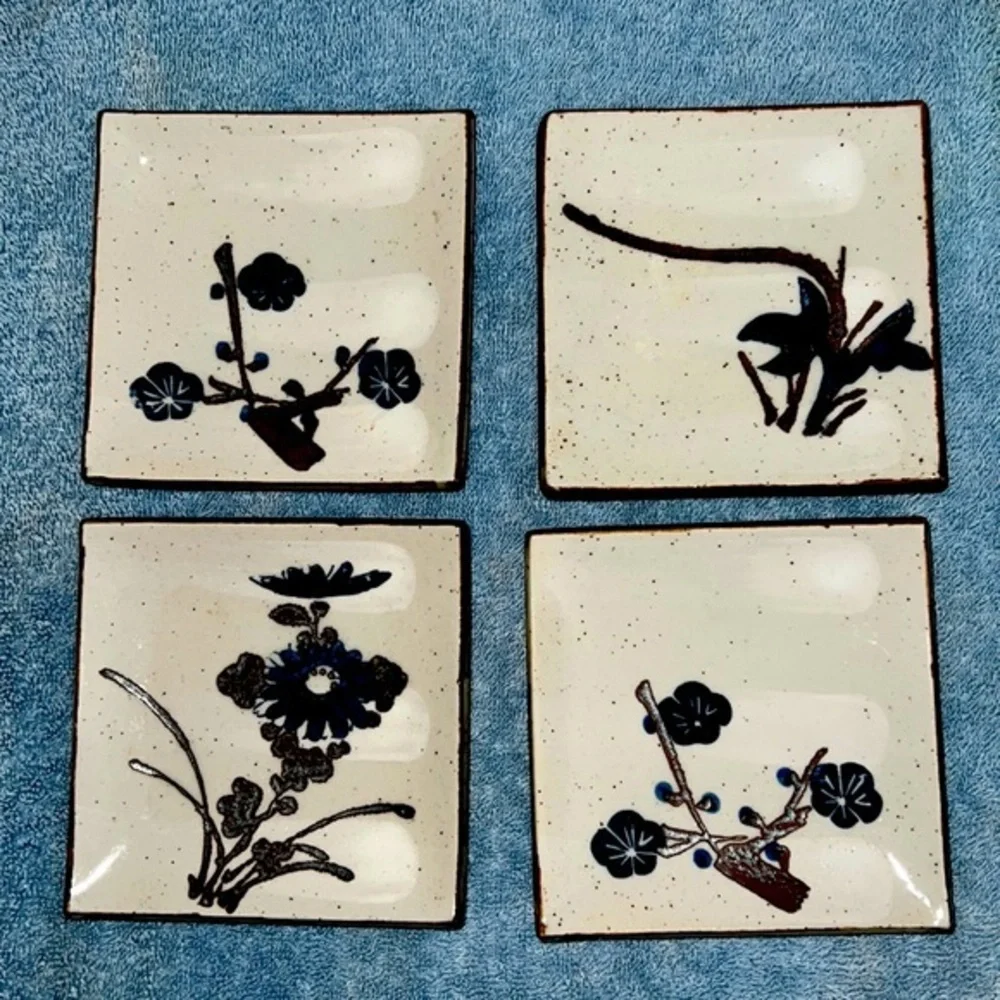 Vintage OMC Japanese ceramic square sushi style plates with hand painted design